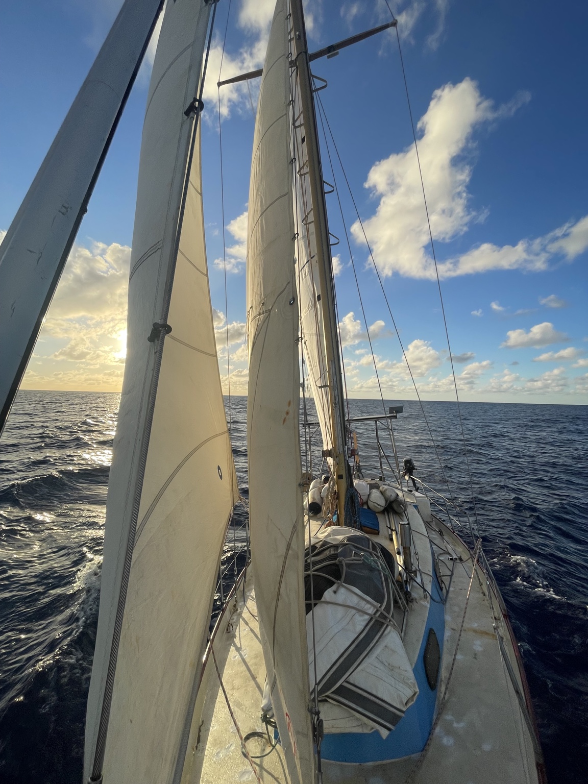 View from the bow over the boat with sails up